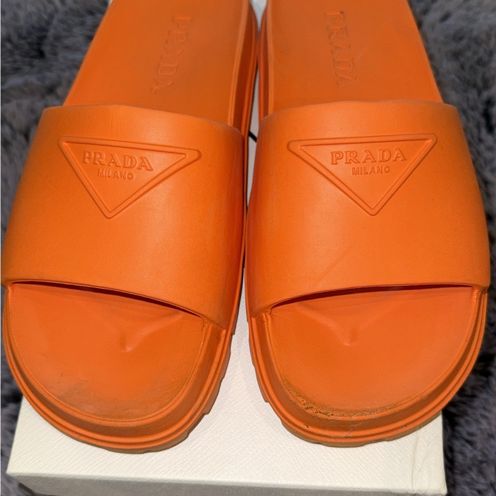 Prada Milano Orange Logo Slide Sandals